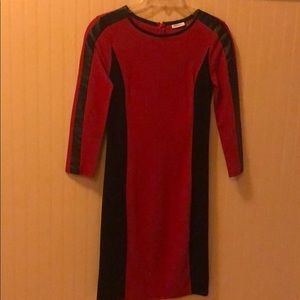 Red and black dkny leather trim dress